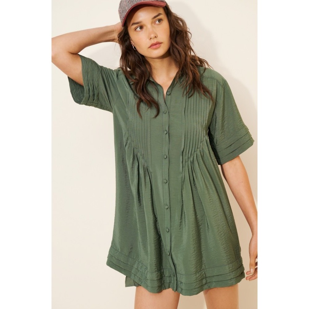 Anthropologie Pilcro Short Sleeve Pintuck Tunic Shirt Dress Olive Green Small